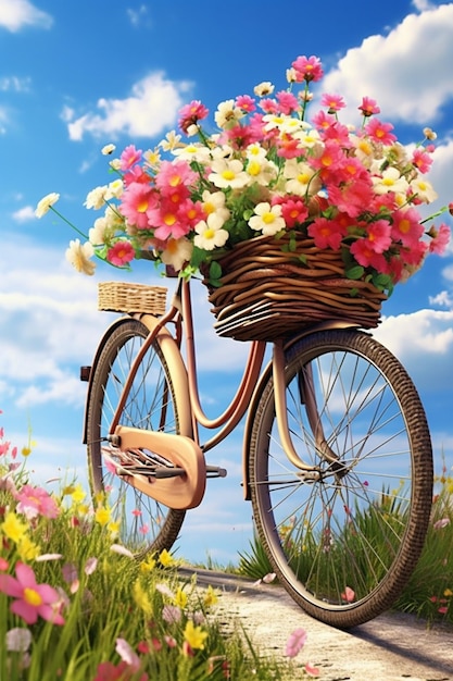 Foto una simple bicicleta 3d con una canasta llena de flores de primavera