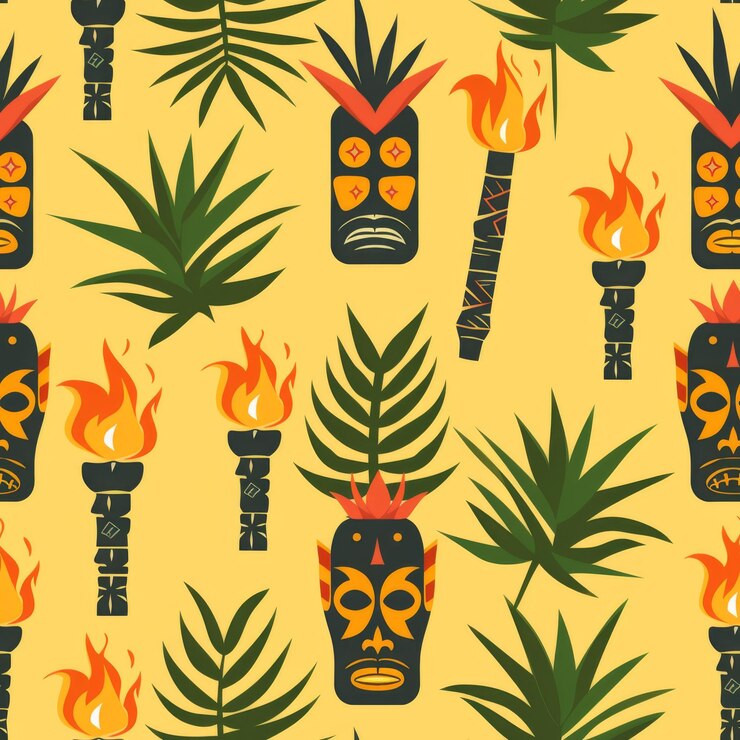 Foto simple sin costuras tropical de verano temático patrón máscaras tiki y antorchas