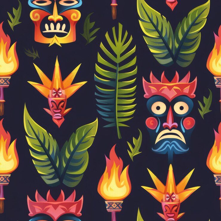 Foto simple sin costuras tropical de verano temático patrón máscaras tiki y antorchas