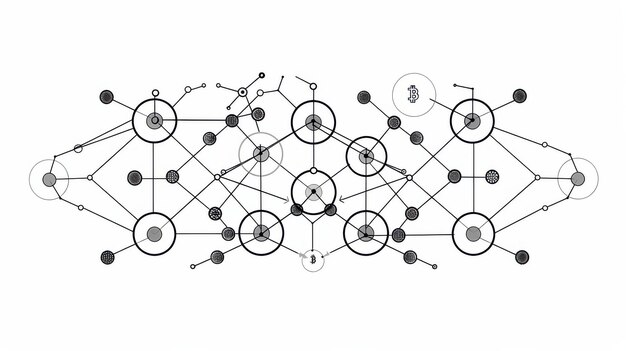 Un simple dibujo de línea que representa una estructura de red descentralizada con nodos interconectados y bordes que ilustran sistemas distribuidos