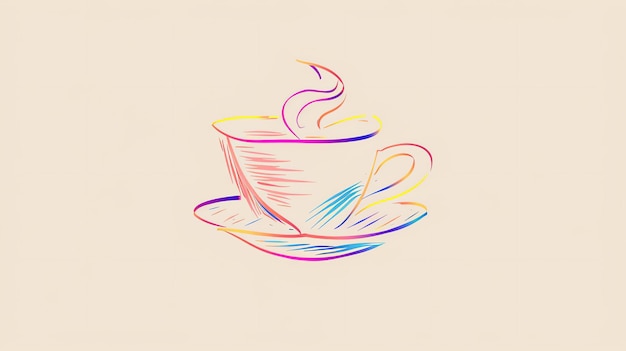 Un simple dibujo de una taza de café con un platillo La taza está llena de café y hay vapor que surge de ella