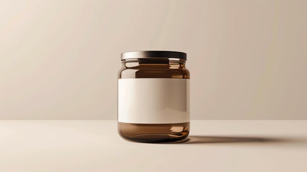 Un simple y elegante frasco de vidrio ámbar con una tapa de plata se encuentra en una superficie sólida contra un fondo beige