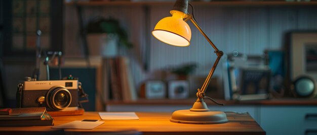 Foto un simple escritorio de madera con una lámpara clásica y una cámara vintage se sienta bañado en luz cálida