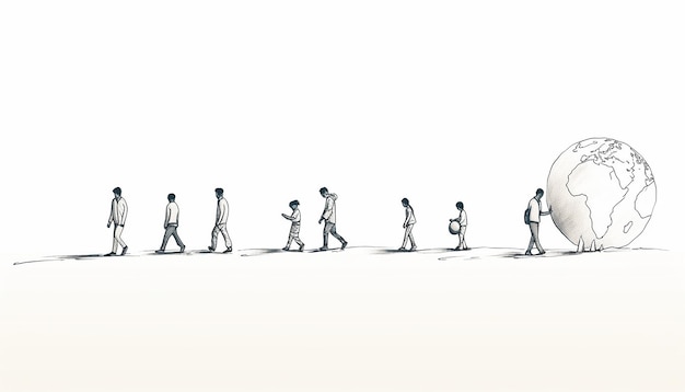 una simple ilustración de diferentes refugiados 56 personas caminando alrededor de la tierra