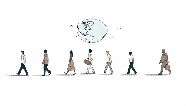 una simple ilustración de diferentes refugiados 56 personas caminando alrededor de la tierra