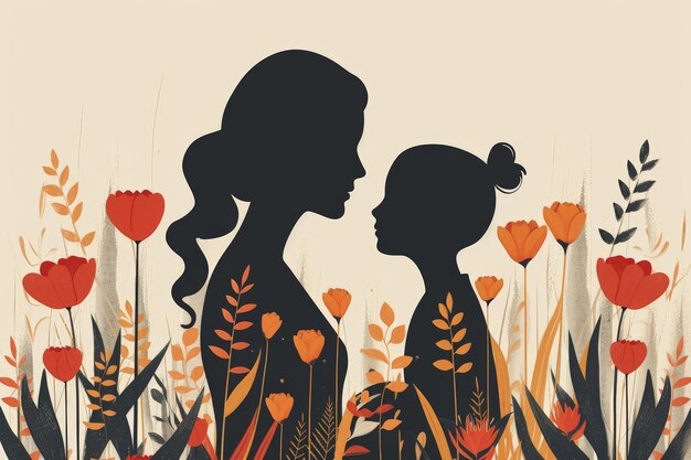 una simple ilustración plana de una madre con un niño con una flor de tulipán minimalista