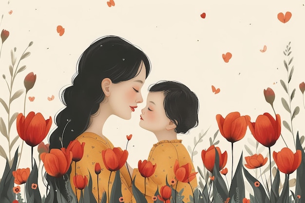 una simple ilustración plana de una madre con un niño con una flor de tulipán minimalista