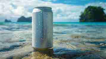 Foto la simple lata de refresco de 330 ml flotando en el océano con islas tropicales en el fondo