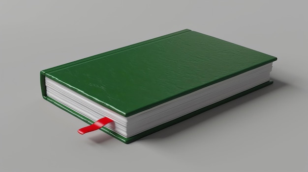 Foto un simple libro verde con un marcador de cinta roja el libro está cerrado y sentado en una sólida superficie gris