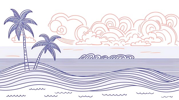 Foto simple line drawing of a tropical beach with palm trees waves and clouds in the background