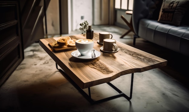 Simple mesa de centro ecostyle con algunas tazas de capuchino en el interior de la sala de estar en desenfoque en el telón de fondo IA generativa