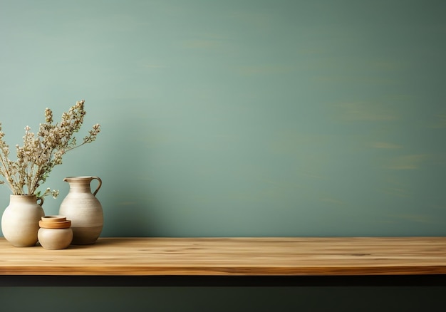 Simple mesa de madera vacía con flores en el fondo de estudio de verde salvia