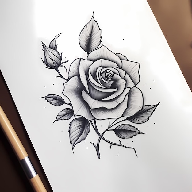 Foto simple neotraditional tattoo flash con rosas de calavera y sutiles tonos de gris