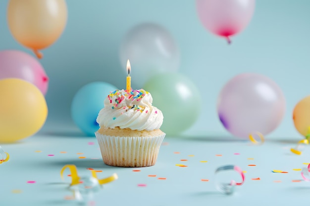 Un simple pastel de cumpleaños con globos de colores