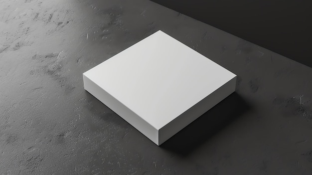 Una simple representación 3D de una caja blanca en una superficie de hormigón oscuro La caja está en el centro de la imagen y está frente al espectador