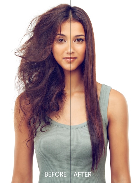 De simple a sublime Foto de antes y después de una mujer joven en el estudio