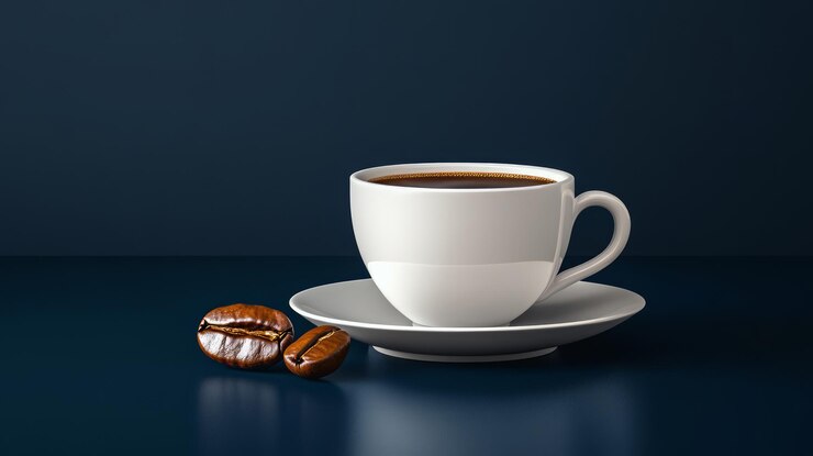 Una simple taza de café en un platillo con dos granos de café a su lado