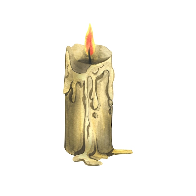 Una simple vela con una llama ardiente cae y manchas de cera Ilustración acuarela dibujada a mano para el día de los muertos halloween Día de los muertos Objeto aislado sobre un fondo blanco