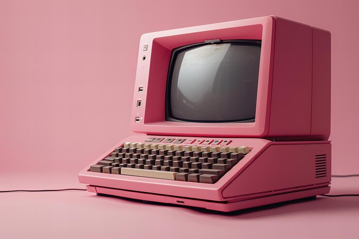 Foto simplemente visual retro rosa computadora en fondo de color sólido minimalista