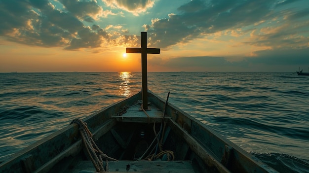 Foto simples cruz de madeira montada em um barco de frente para o sol nascente sobre um mar calmo simbolizando orientação e esperança na jornada da vida