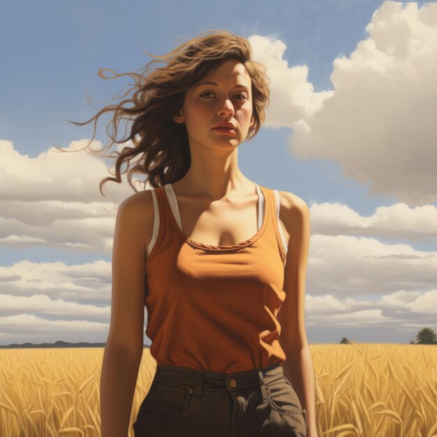 Simplicidad y fotorealismo Modelo femenino en el campo de trigo