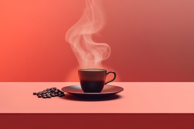 Simplicidade com xícara e grãos de café em cima da mesa em rosa suave e espaço vazio