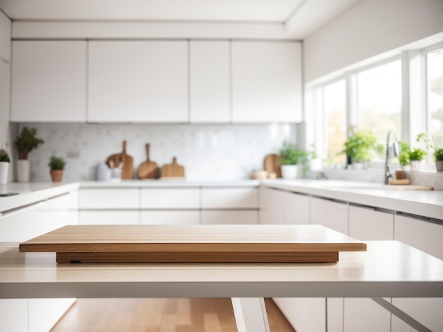 Simplicidade e elegância Mesa vazia com luz de madeira em cozinha branca moderna