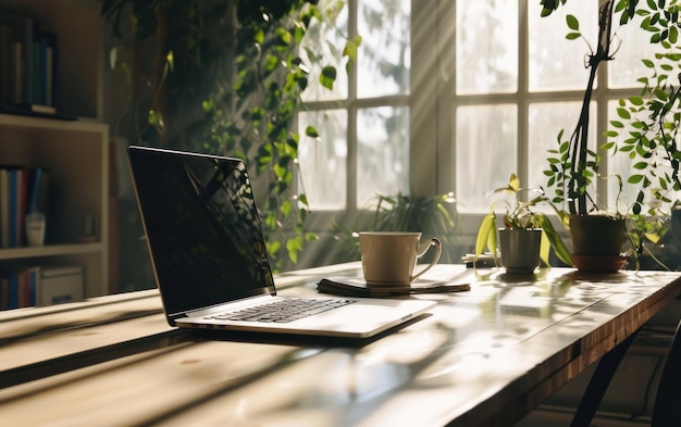 Simplicidade num espaço de trabalho bem iluminado com um portátil e uma chávena de café
