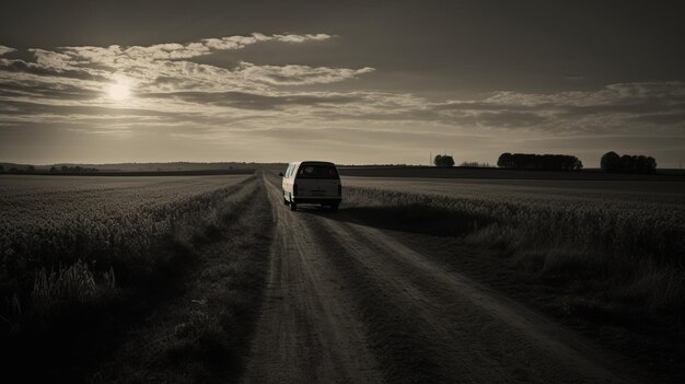 Foto simplistic van driving on dirt road uma captura fotojornalística monocromática