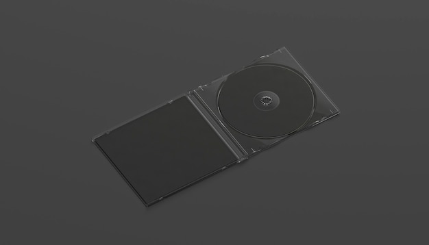 Foto simulação da caixa do disco compacto preto em branco aberta, vista lateral, isolada