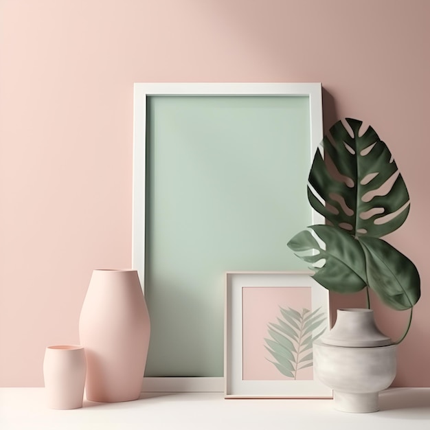 Simulação da moda com moldura de foto e folhas de palmeira em vaso em cores pastel claras Uma moldura de foto em uma mesa ou prateleira com folhas verdes copie o espaço Simule com elementos de decoração IA generativa