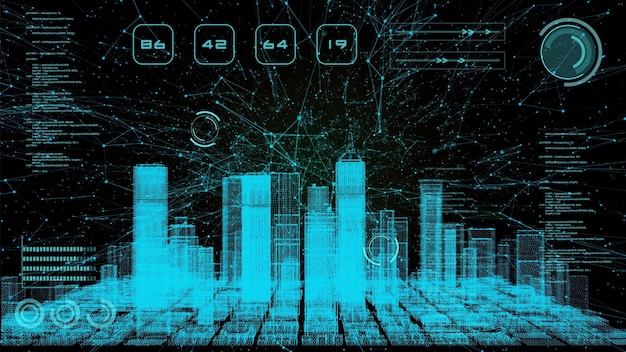 Simulação de construção de arranha-céu 3D HUD exibição de tela digital cidade de negócios financeiros inteligentes analisa o fundo do painel