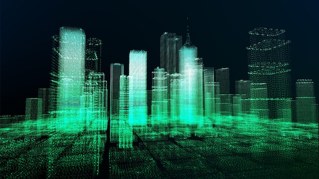 Simulação de construção de arranha-céu 3D HUD exibição de tela digital cidade de negócios financeiros inteligentes analisa o fundo do painel