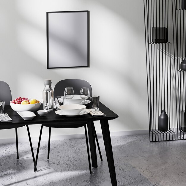 Simulação de moldura em um interior de design minimalista contemporâneo, close-up de mesa de jantar com cadeiras, parede branca e piso de concreto, serviço de mesa, renderização em 3D