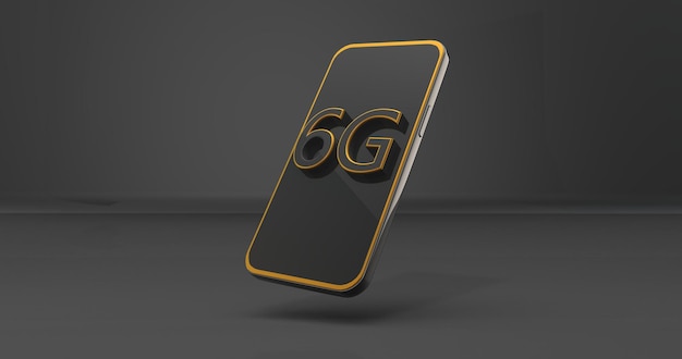 Simulação de telefone preto com símbolo 6g na tela Telefone dourado Sistema de telecomunicações de nova geração