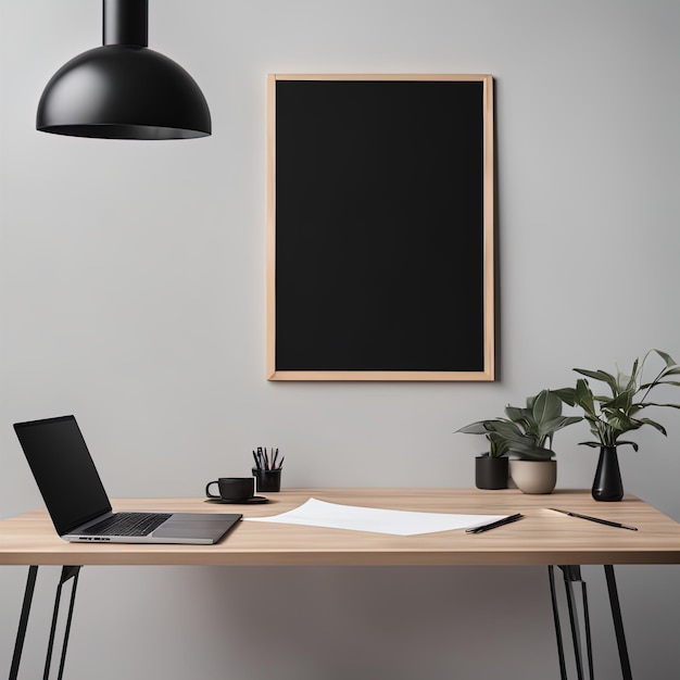 simulação de um interior de escritório preto com uma parede branca e um local de trabalho moderno com moldura de madeira com computação