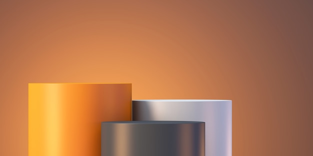 Simulação do fundo do pódio do produto 3D para apresentação com fundo laranja; Renderização 3d
