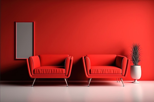 Simulação realista de dois sofás vermelhos em um fundo vermelho em monocromático