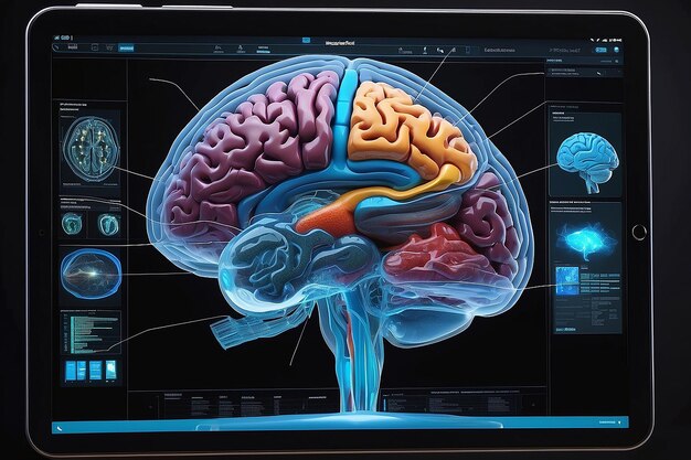 Simulação tridimensional avançada do cérebro humano vista a partir de dentro de um tablet