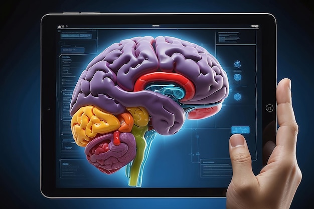 Simulação tridimensional avançada do cérebro humano vista a partir de dentro de um tablet