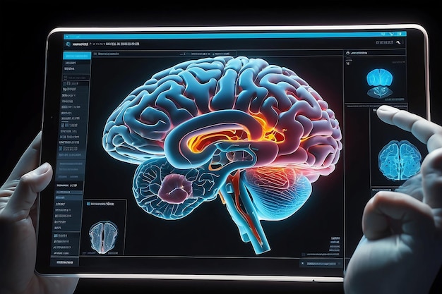 Simulação tridimensional avançada do cérebro humano vista a partir de dentro de um tablet