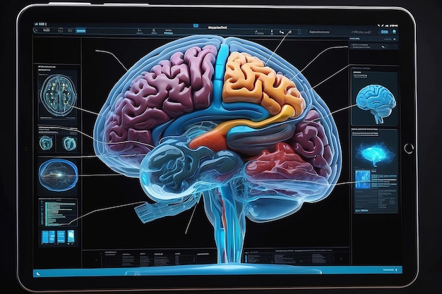 Simulação tridimensional avançada do cérebro humano vista a partir de dentro de um tablet