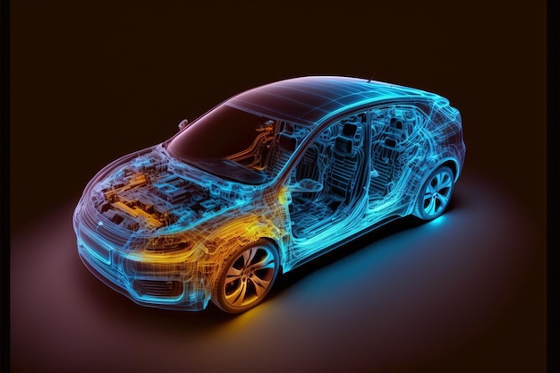 Simulação virtual do futuro carro elétrico mostrando modelo de protótipo wireframe