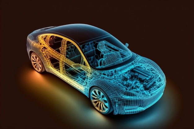 Simulação virtual do futuro carro elétrico mostrando modelo de protótipo wireframe