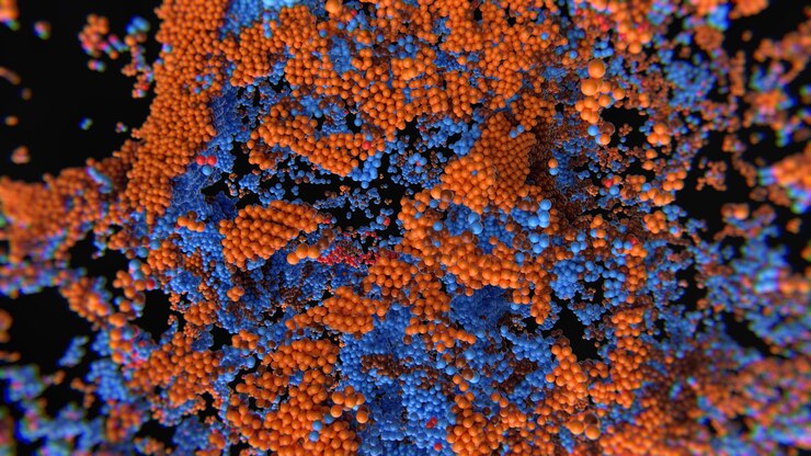 Foto simulación 3d de infección celular abstracta y destrucción de la estructura del átomo.