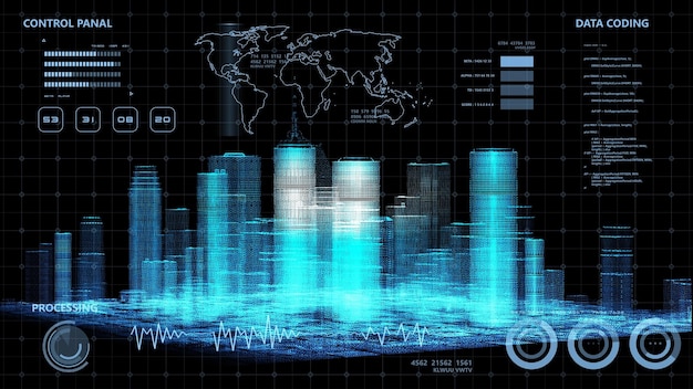 Simulación de construcción de rascacielos 3D Pantalla digital HUD Pantalla de negocios financieros inteligentes ciudad analizar fondo de tablero