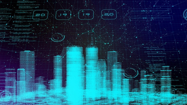 Simulación de construcción de rascacielos 3D Pantalla digital HUD Pantalla de negocios financieros inteligentes ciudad analizar fondo de tablero