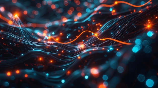 Simulación de red neuronal cibernética que muestra el flujo de datos por la noche