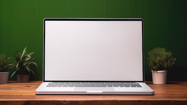 simulacro de computadora portátil con pantalla en blanco sobre mesa de madera y pared verde