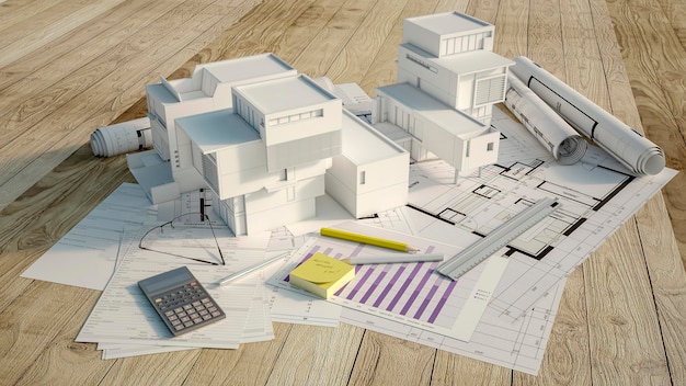 simulacro de construcción de condominios sobre una superficie de madera con calculadora de formulario de solicitud de hipoteca